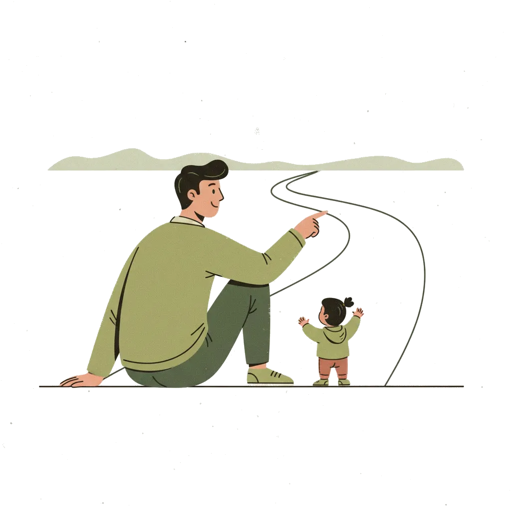 Un padre sentado al nivel de un niño pequeño, señalando un camino hacia el horizonte