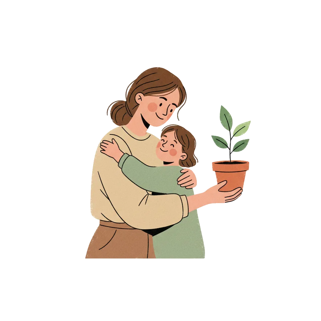 Una madre abrazando a su hija mientras sostiene una planta en maceta