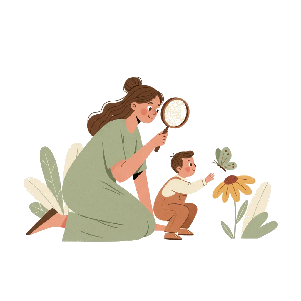 Una madre arrodillada con una lupa observando una mariposa junto a su hijo