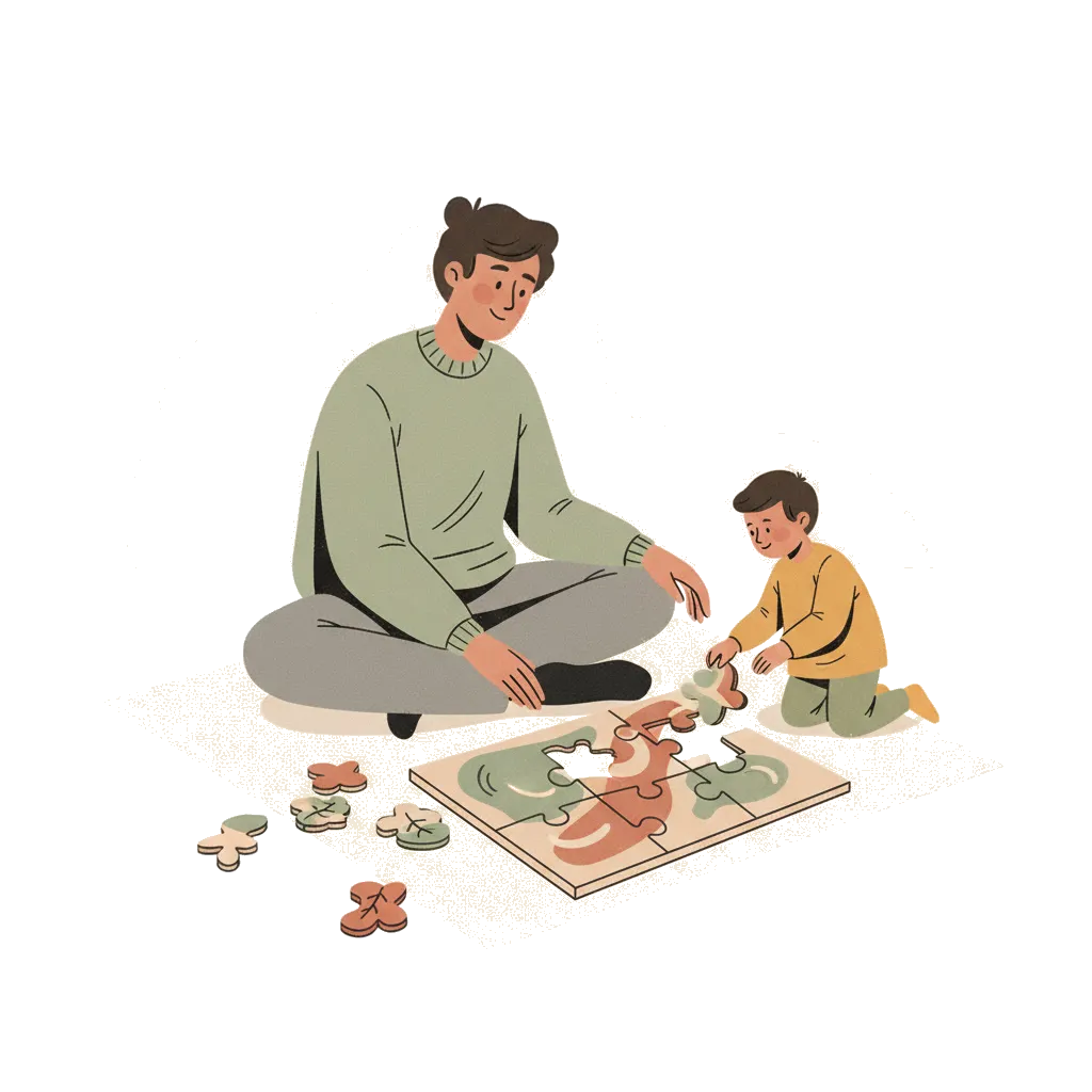 Un padre y su hijo sentados en el suelo armando un puzzle juntos